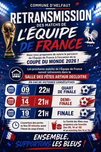La match de l'équipe de France de football à voir avec la commune de Helfaut ce jeudi 9 juillet