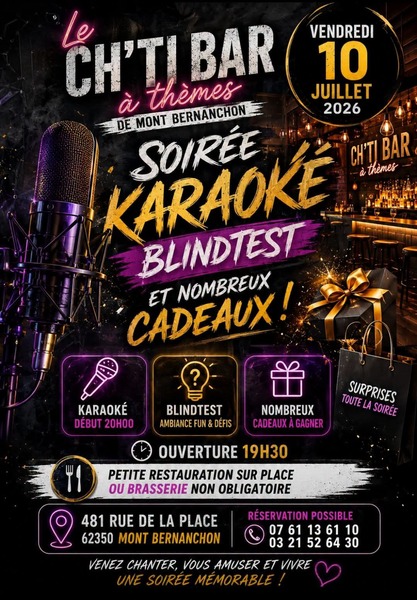 Soirée karaoké et blind test ce vendredi 10 juillet au ch"ti bar à thèmes de Mont Bernenchon