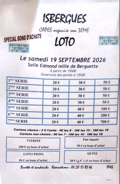 Un loto sera organisé ce samedi 19 septembre à Isbergues