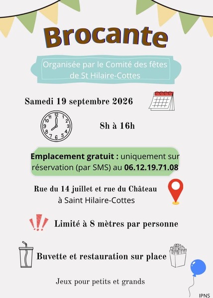Brocante ce samedi 19 septembre à Saint Hilaire Cottes