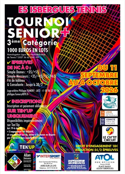 Tournoi sénior + de tennis du 11 septembre au 4 octobre à Isbergues
