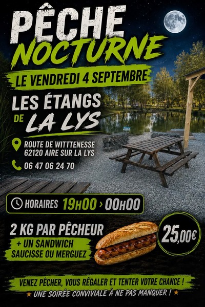 Pêche nocturne ce vendredi 4 septembre aux étangs de la Lys situés à Aire sur la Lys