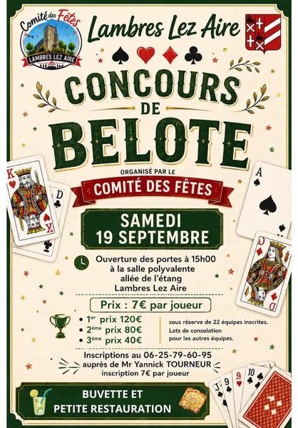 Un concours de belote sera organisé ce samedi 19 septembre à Lambres