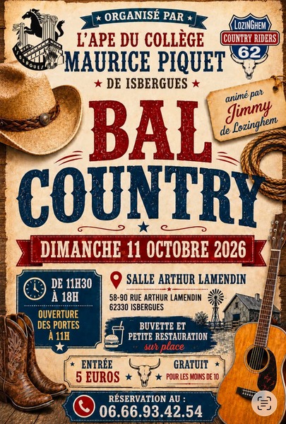 Bal country ce dimanche 11 octobre à Isbergues avec l'APE du collège Maurice Piquet de cette même ville