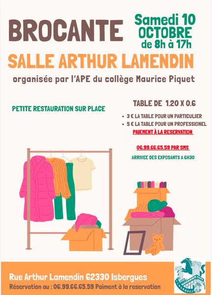 Une brocante par l'APE du collège Maurice Piquet d'Isbergues ce samedi 10 octobre
