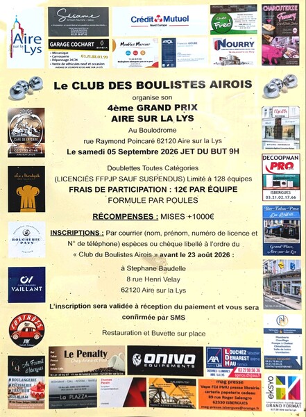 Le grand prix de la ville d'Aire sur la Lys de pétanque se déroulera ce samedi 5 septembre cette année.