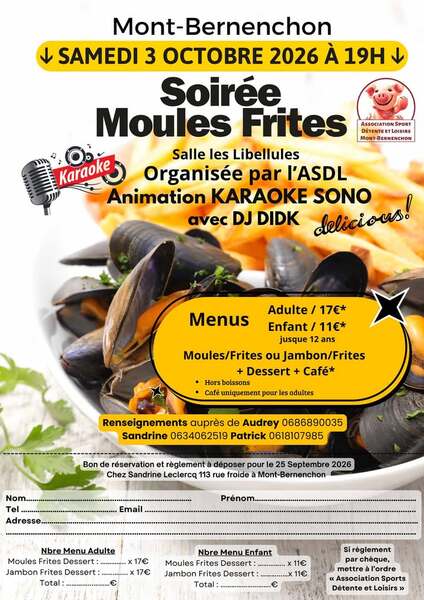 Soirée moules frites karaoké ce samedi 3 octobre à Mont Bernenchon