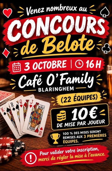 Un concours de belote sera organisé ce samedi 3 octobre à Blaringhem