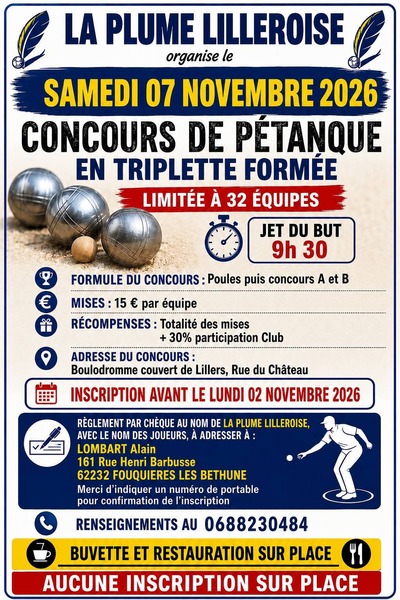 La plume Lilléroise organise un concours de pétanque ce samedi 7 novembre