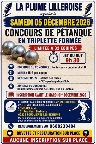 La plume Lilléroise organise un concours de pétanque ce samedi 5 décembre