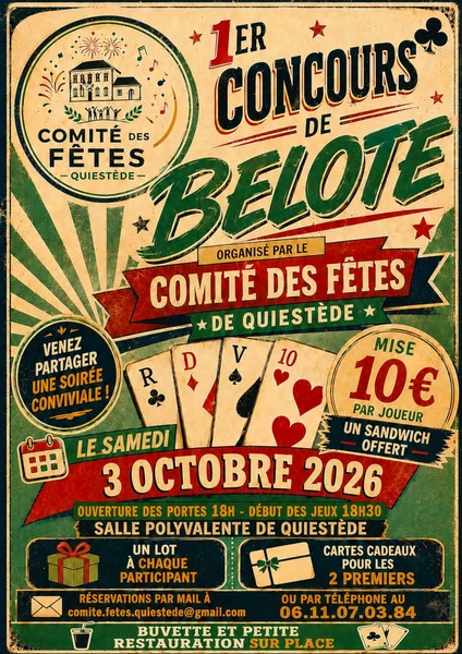 Concours de belote ce samedi 3 octobre à Quiestède