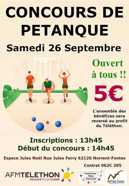 Concours de pétanque ce samedi 26 septembre à Norrent Fontes au profit du téléthon