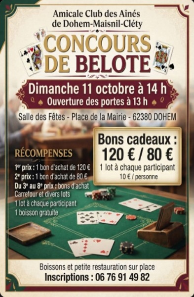 Amicale club des Ainés de Dohem organise un concours de belote ce dimanche 11 octobre