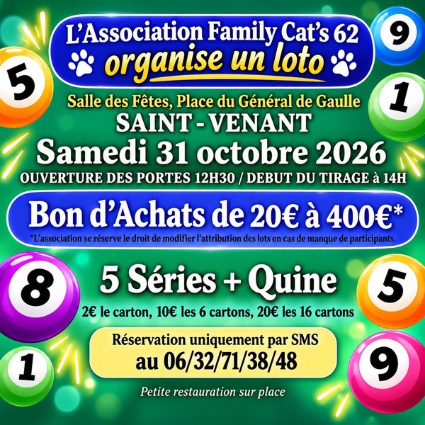 L'association Family Cat's de Saint Venant organise un loto ce samedi 31 octobre