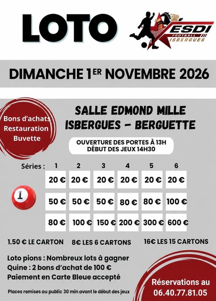 Le loto de l'ESDI c'est ce dimanche 1 Novembre à Isbergues