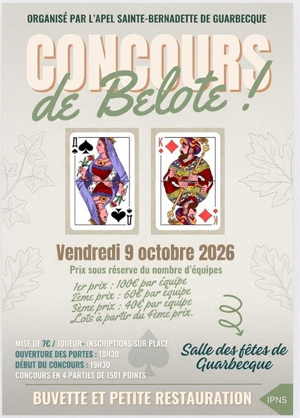 Concours de belote ce vendredi 9 octobre à Guarbecque