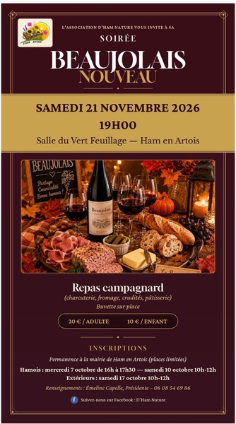 Soirée Beaujolais nouveau avec l'association D'Ham Nature à Ham En Artois