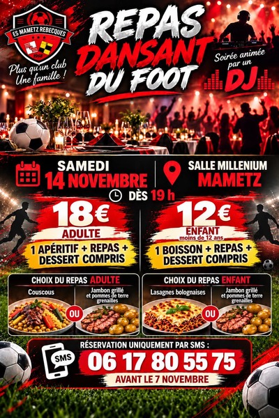 Le repas du club de foot Mametz sera organisé ce samedi 14 novembre