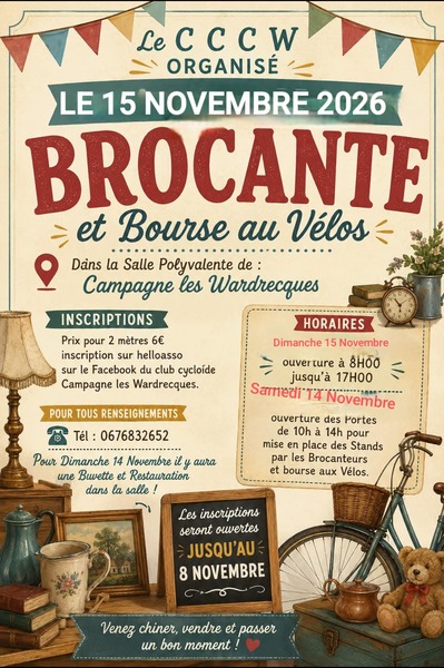Une brocante et une bourse aux vélos ce dimanche 15 novembre à Campagne les Wardrecques