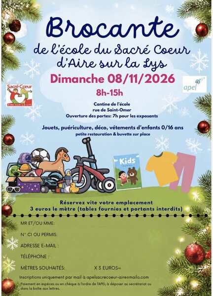 Une brocante sera organisée dans les locaux de l'école du sacré coeur de la commune d'Aire sur la Lys
