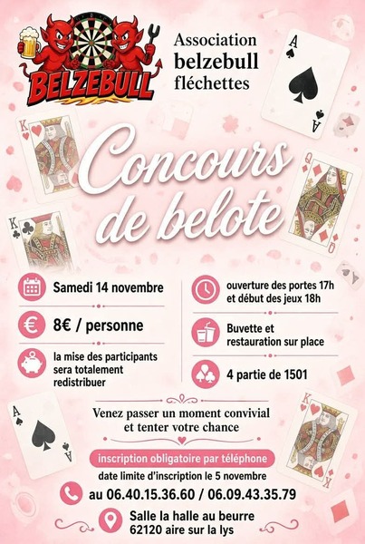 Un concours de belote sera organisé ce samedi 14 novembre à Aire sur la Lys