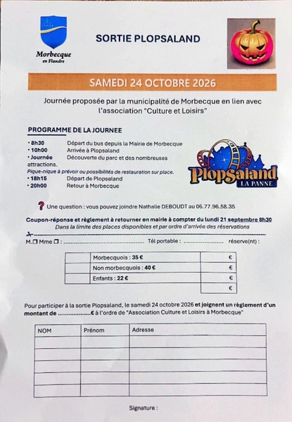 Une sortie à Plopsaland ce samedi 24 octobre à Morbecque