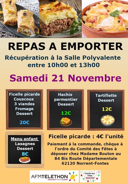 Des repas au profit du téléthon ce samedi 21 novembre à Norrent Fontes