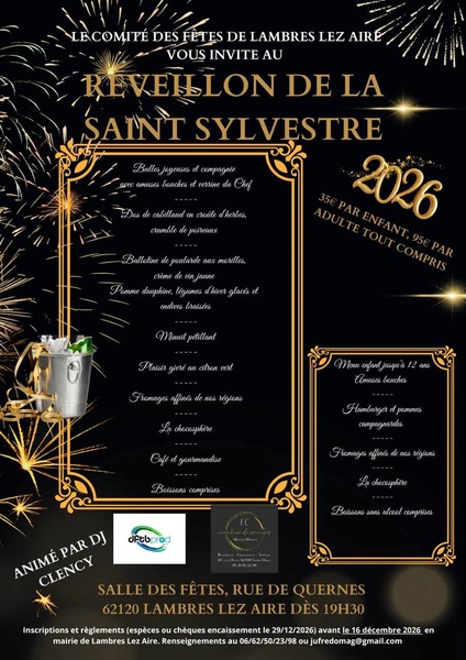 Le réveillon de la Saint Sylvestre ce jeudi 31 décembre à Lambres